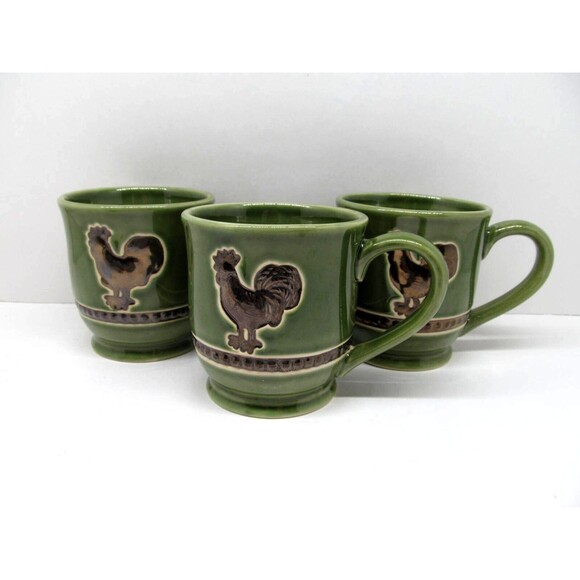 Cracker Barrel Elegant Rooster Green 4"  Mugs  Set Of 3 - Picture 1 of 9